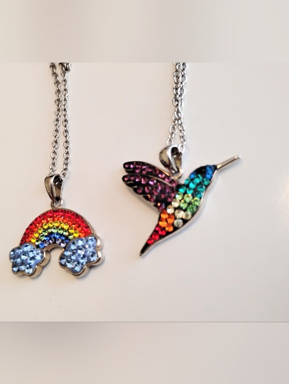 🌸Whimsical Fairy Sterling Silver Rainbow & Hummingbird Crystal Necklace Bundle